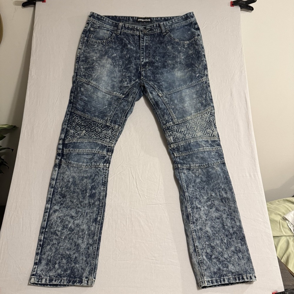 Imperious Jeans Mens 42x34 Blue Moto Biker Distressed Zipper Denim Pants Stretch